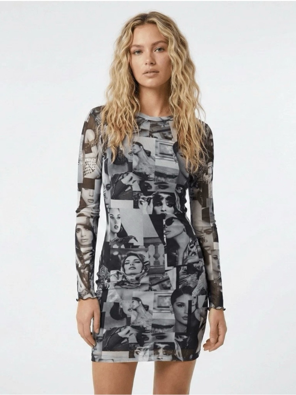 Guess Eco Adriana Icon Mesh Dress NWT L Portrait Graphic Bodycon Mini Club Party